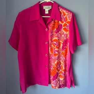 Vintage Diane Gilman Silk Floral Sequin Pink Short Sleeve Button Up Shirt Sz L